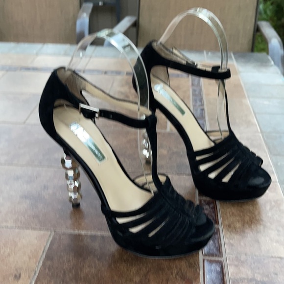 INC International Concepts Black Suede Open Toed Heels with Ankle Buckle - Picture 2 of 8